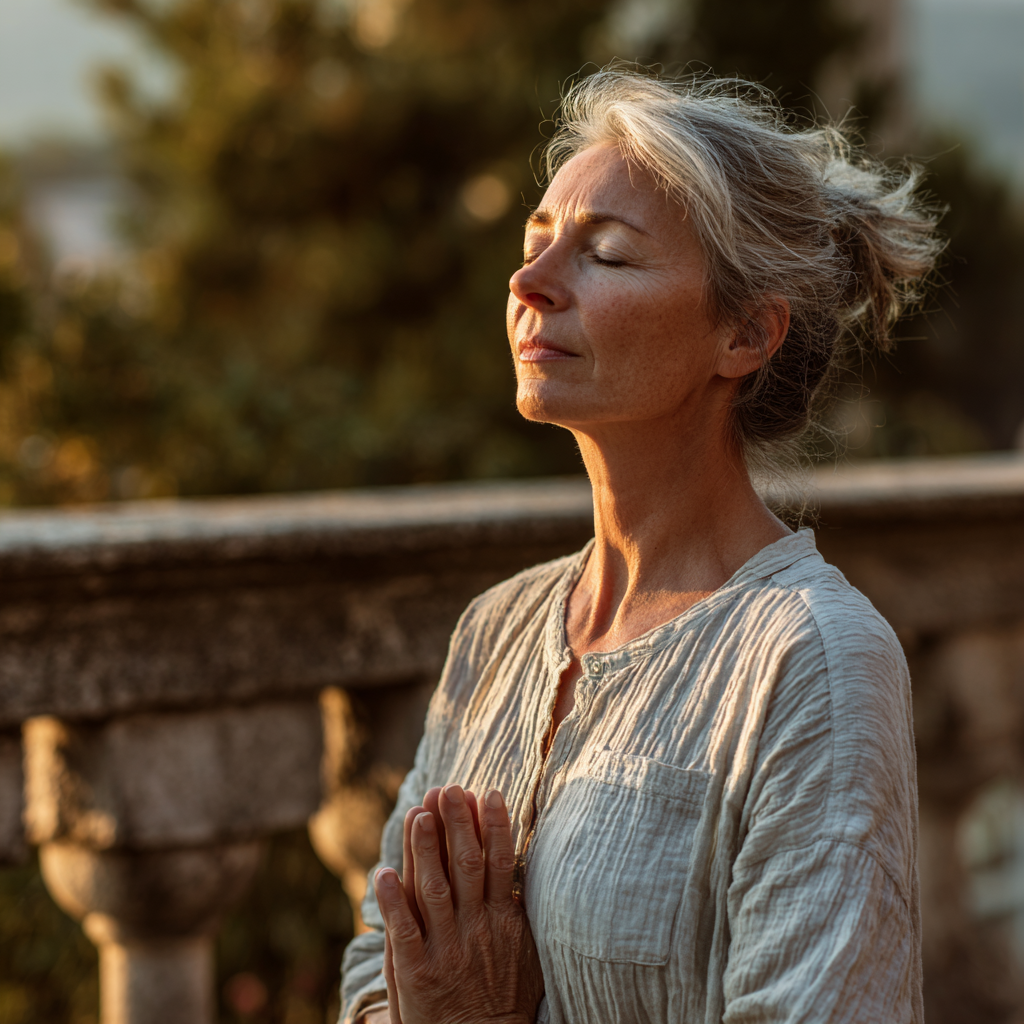 Жінка медитує на фоні заходу сонця